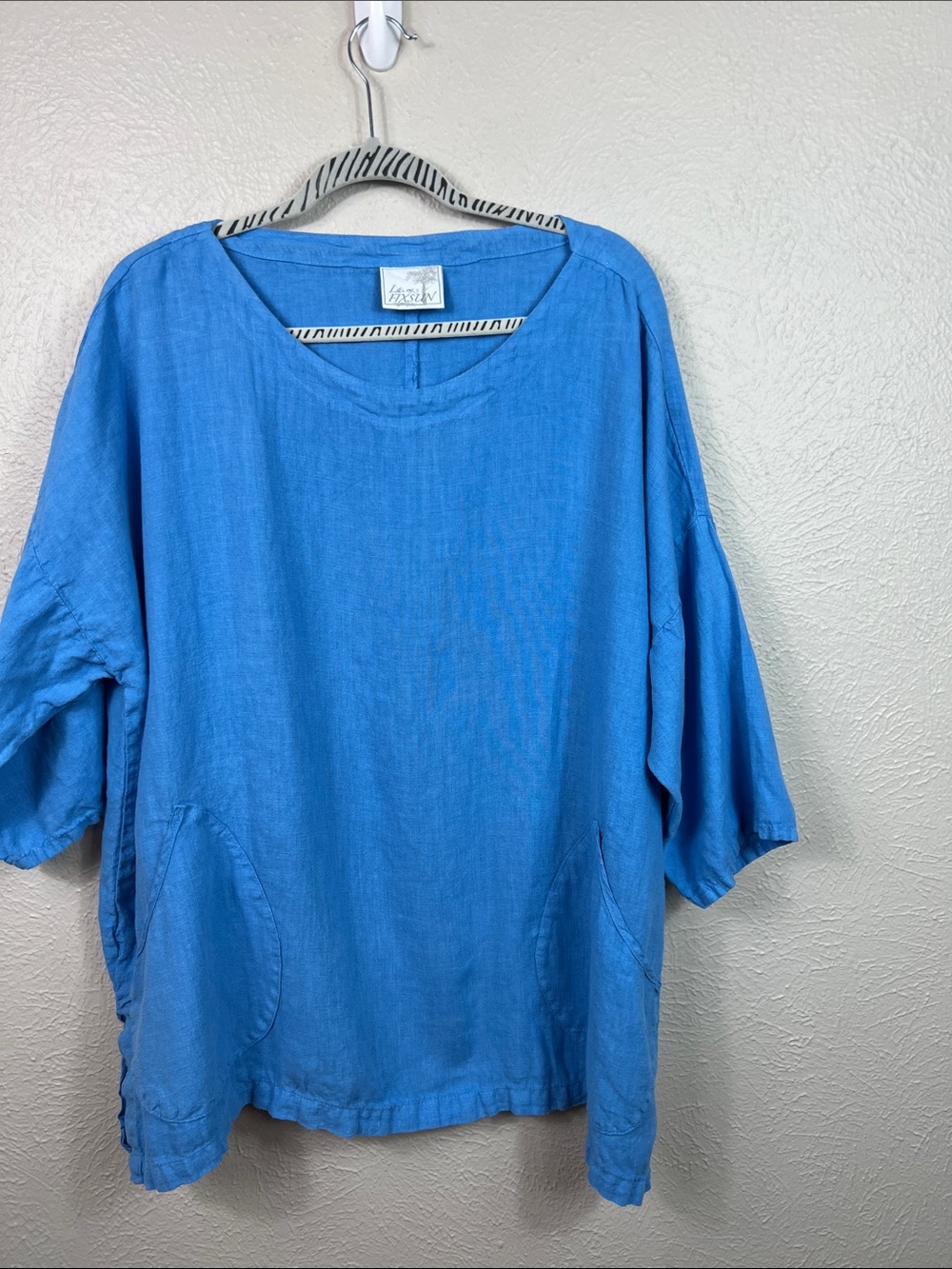 La Fixsun Linen Lagenlook Blue Scoop Neck Drop Sleeve Oversized Tunic Top Medium